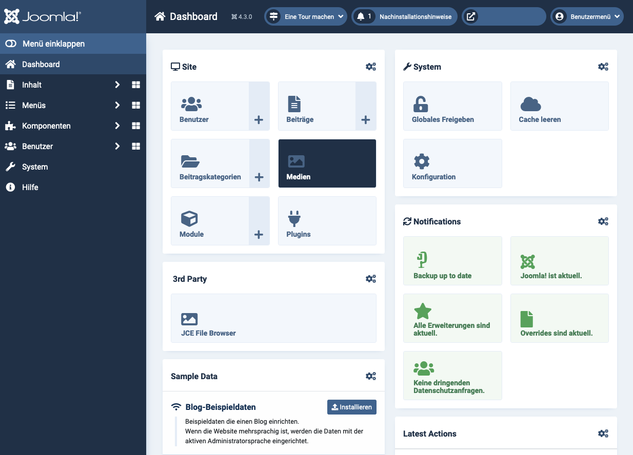Backend-Dashboard-Ansicht von Joomla nach dem Login eines Benutzers