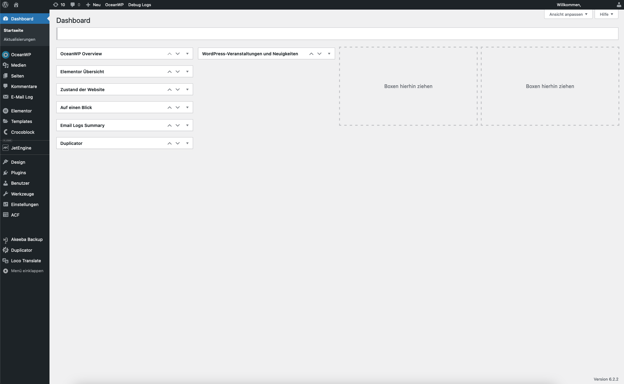 Backend-Dashboard-Ansicht von WordPress nach dem Login eines Benutzers