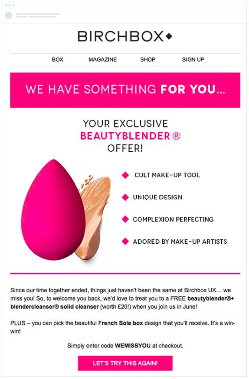 Birchbox Newsletter Beispiel, um Kunden zurückzugewinnen