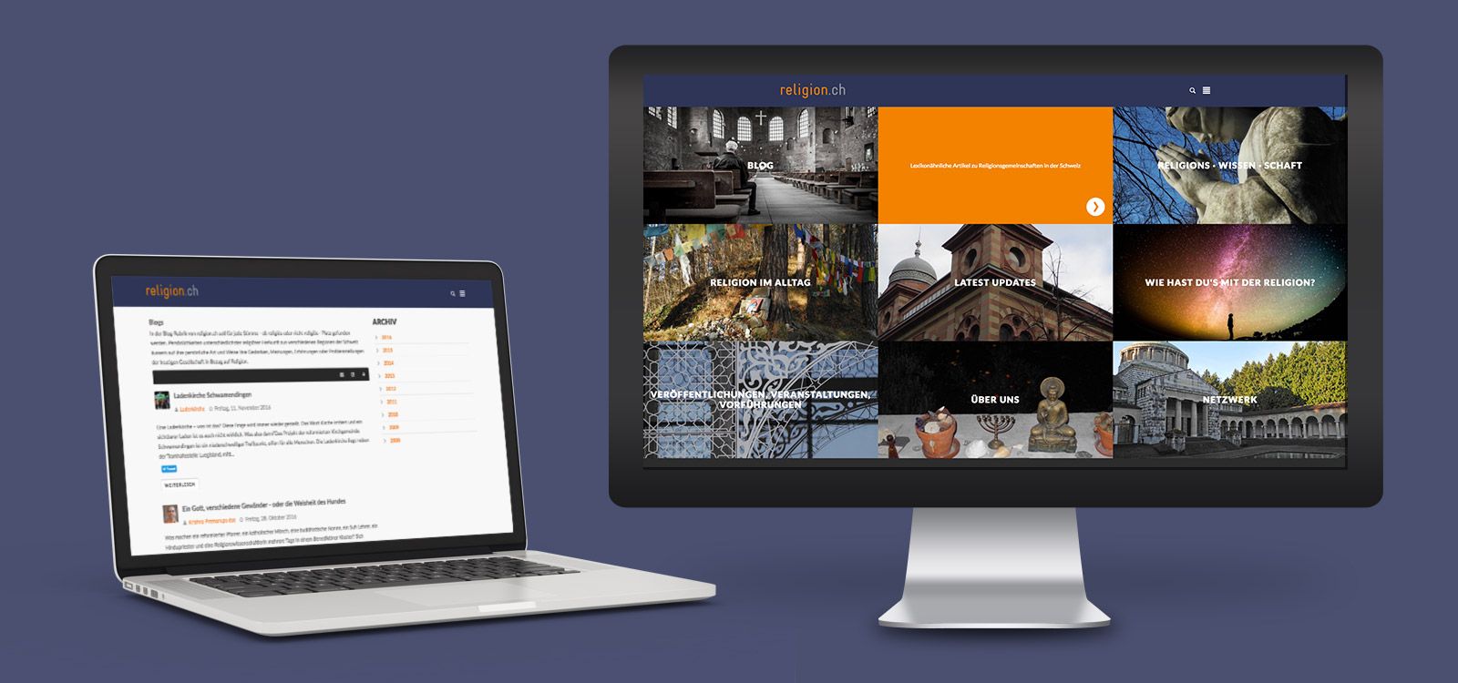 Vorschaubild der Website religion.ch auf Monitor und Notebook