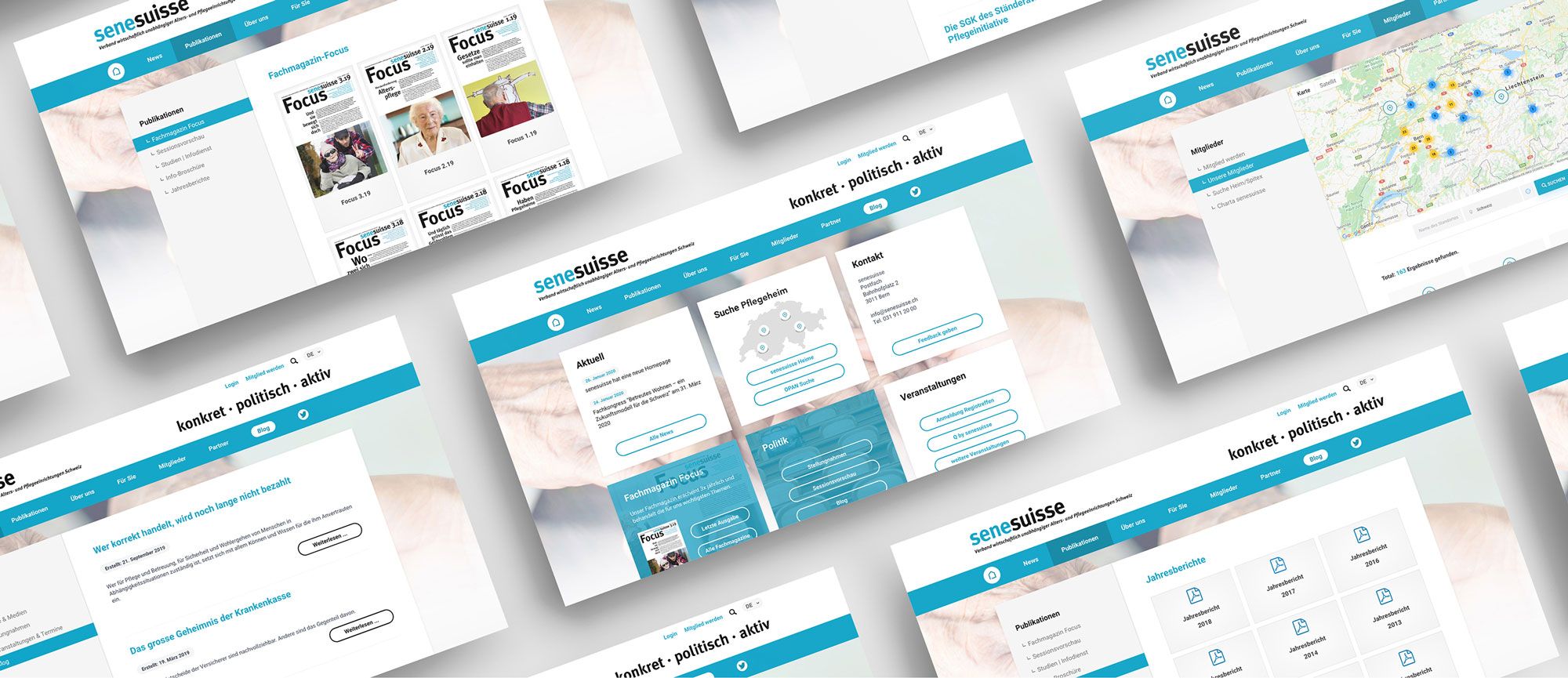 Screenshots vom Redesign der Website des Verbandes senesuisse